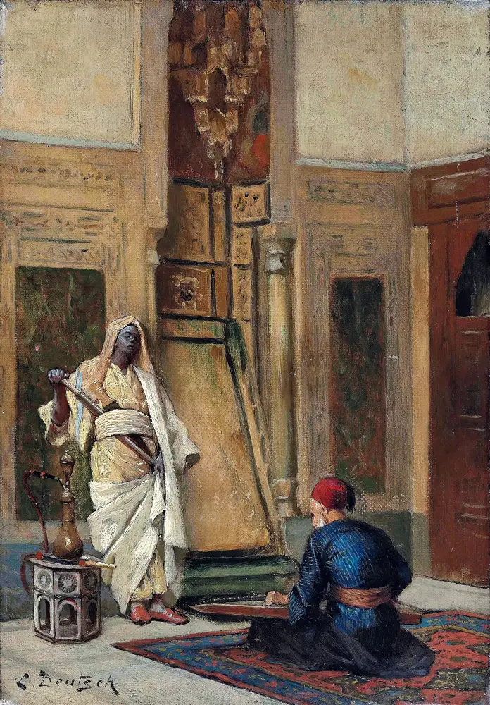 A musician and a guardsman in an oriental interior by Ludwig Deutsch