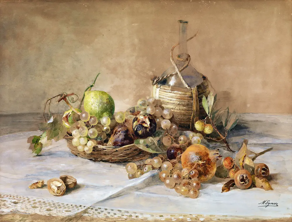 Stilleben mit Obst und Chiantiflasche by Marie Egner