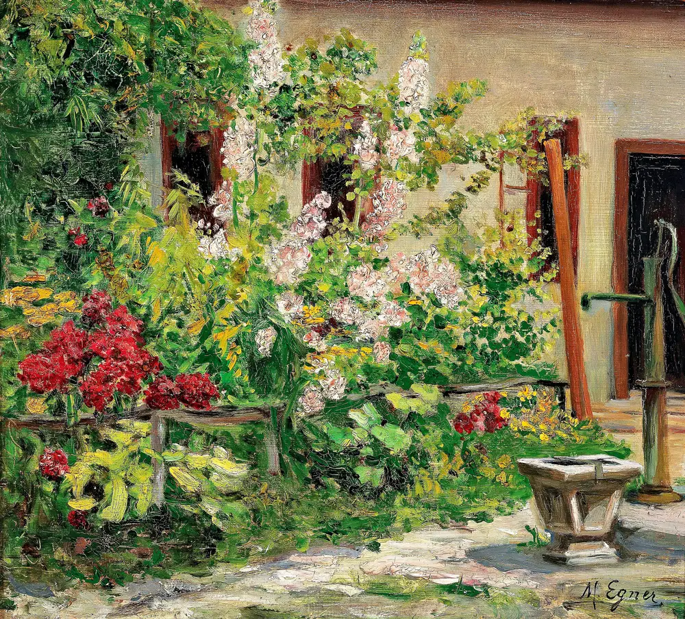 Vorgarten mit blühenden Stockrosen by Marie Egner
