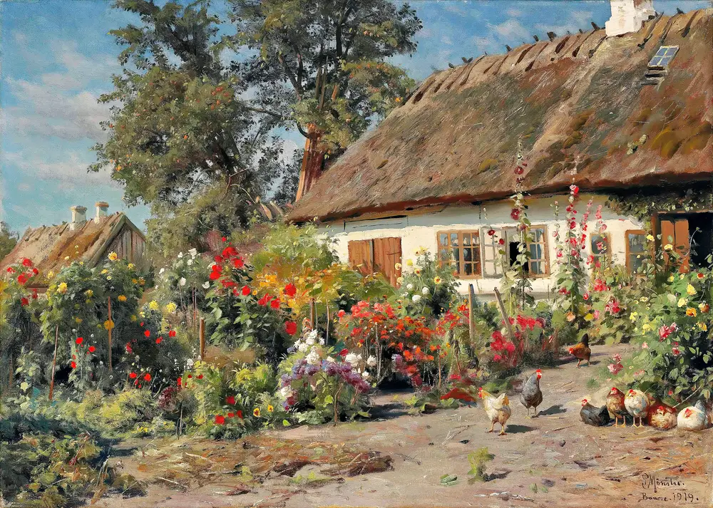 A Cottage Garden With Chickens (1919) by Peder Mørk Mønsted
