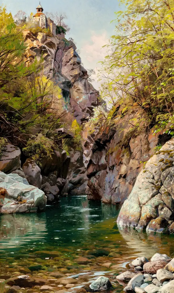 En bjerg slugt (The Mountain Gorge, Meran) (1913) by Peder Mørk Mønsted