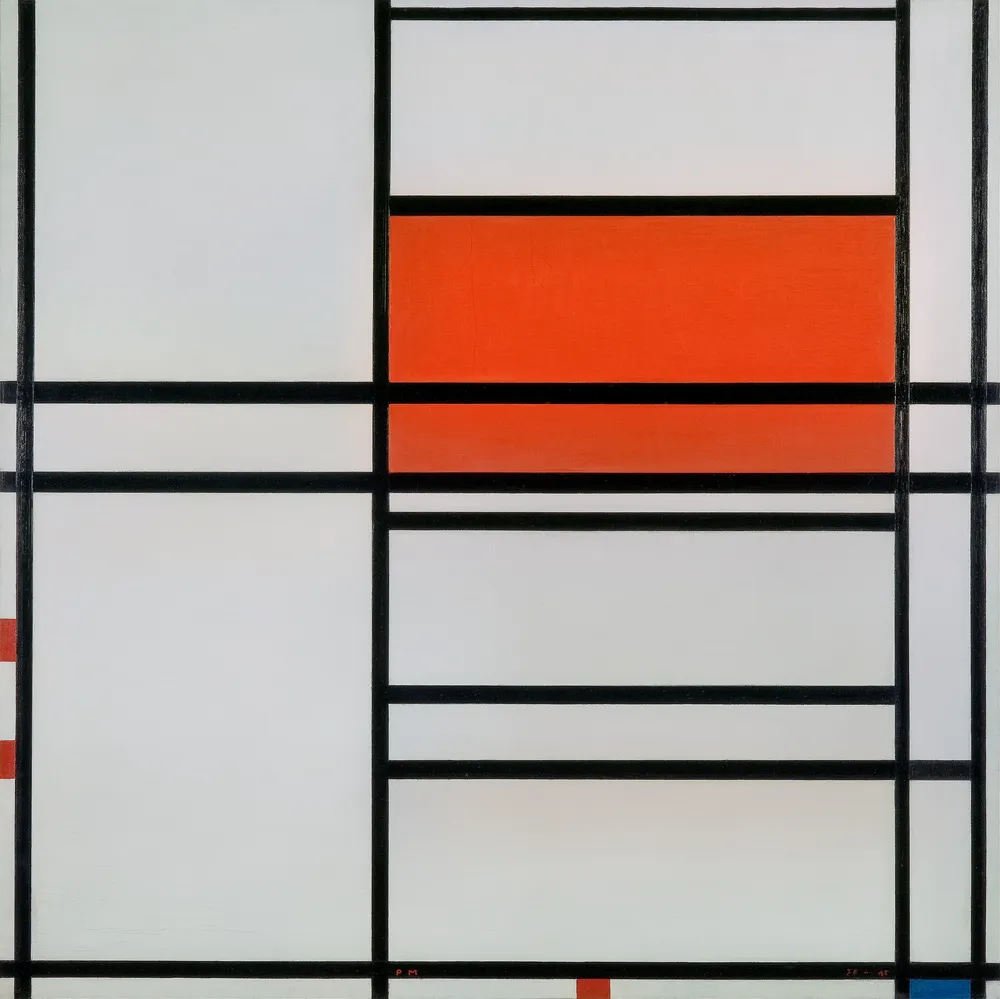 Composition of Red and White; Nom 1,Composition No. 4 with red and blue (1938–42) by Piet Mondrian