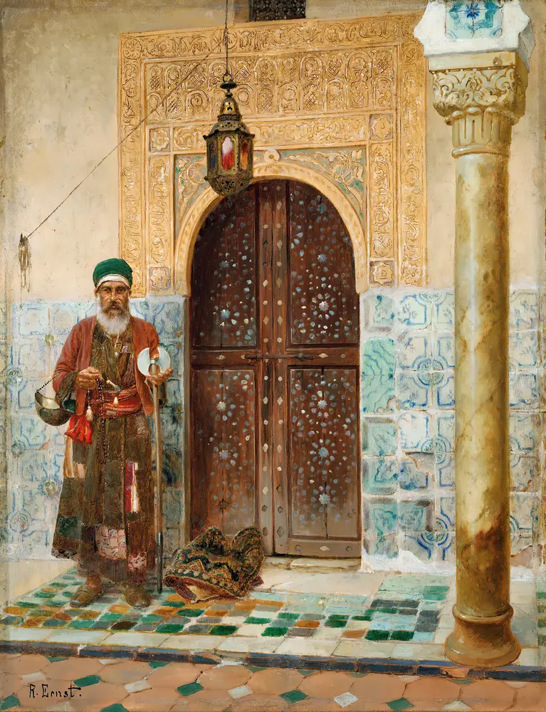 A holy man by an entrance by Rudolf Ernst