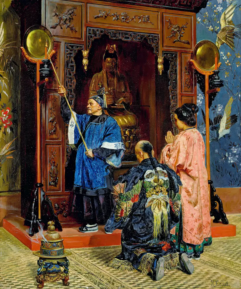 Worshippers At A Buddhist Shrine by Rudolf Ernst